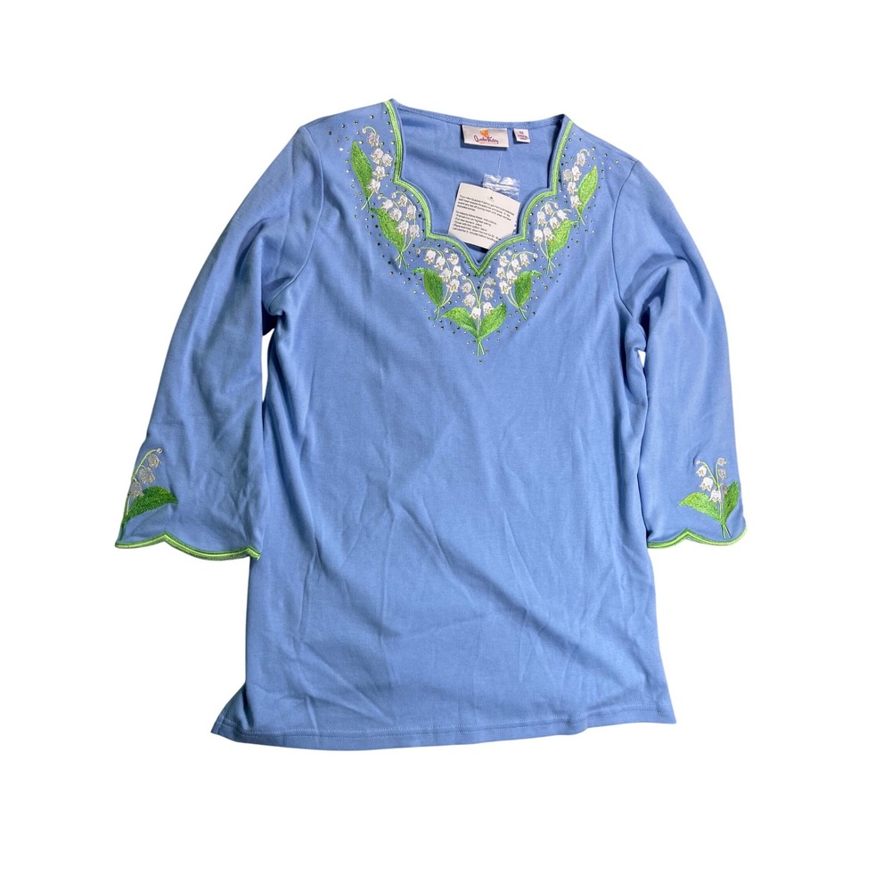 Quacker Factory NWT XS Blue Embroidered Rhinestone Floral‎ Scalloped Top QVC
